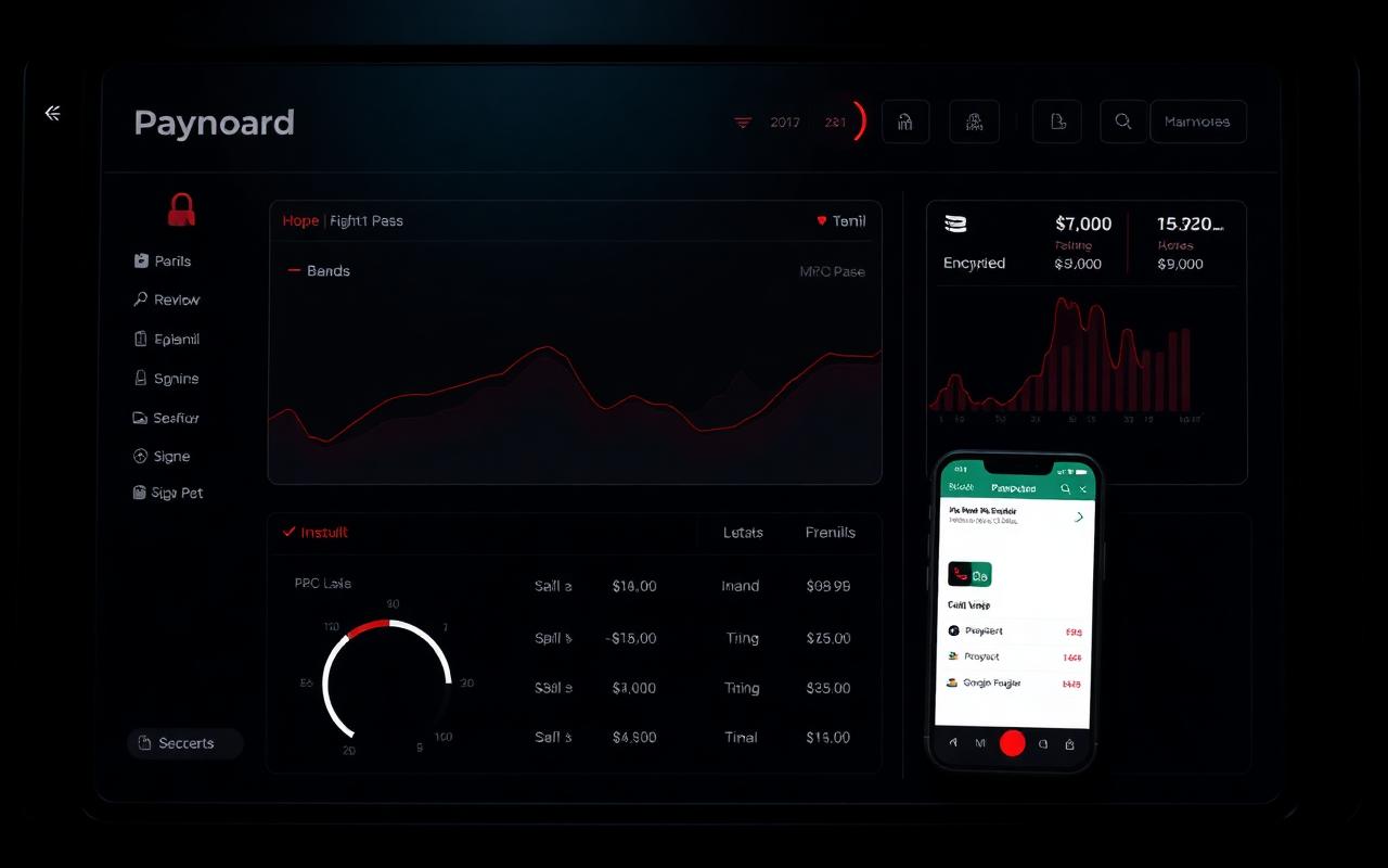 Dark fintech payment dashboard with encrypted transaction panels