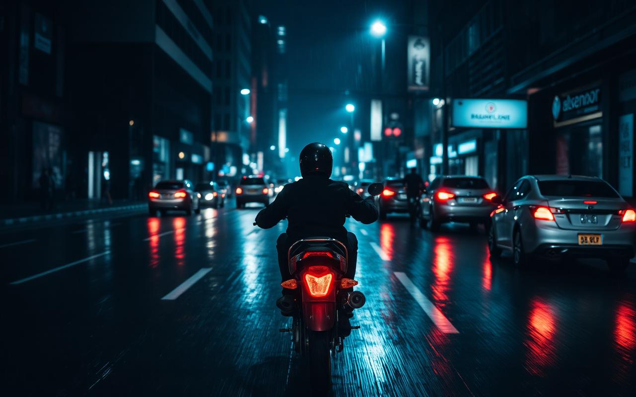 Motorbike rider on a wet city street at night
