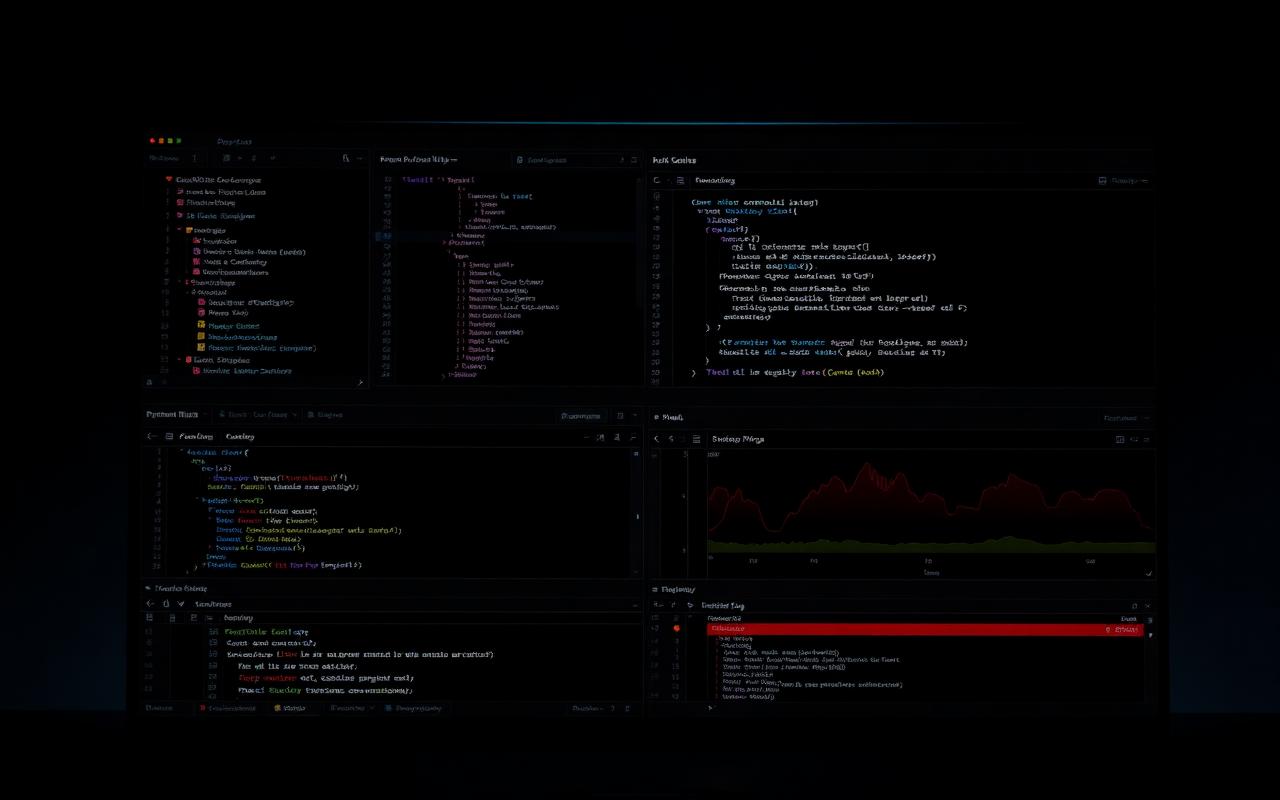 Dark-mode code editor beside an automated testing pipeline view