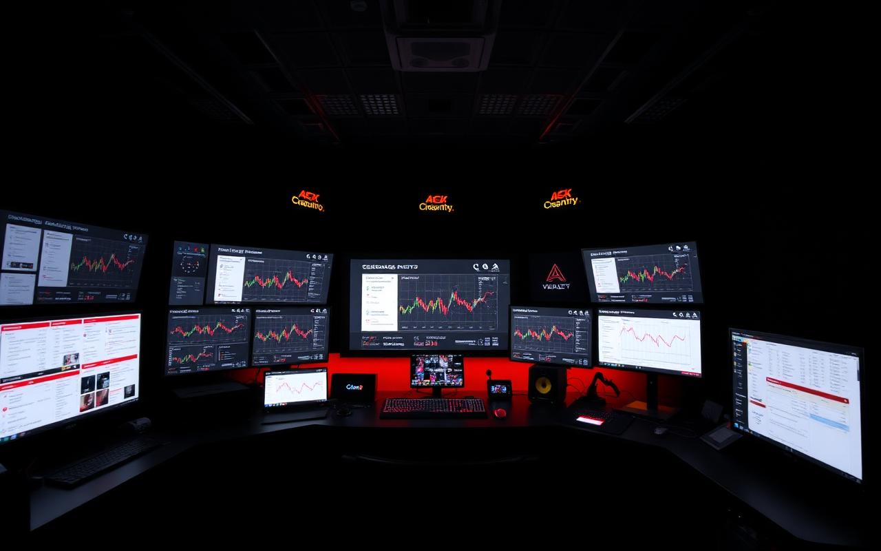 Dark broadcast control room with streaming analytics screens