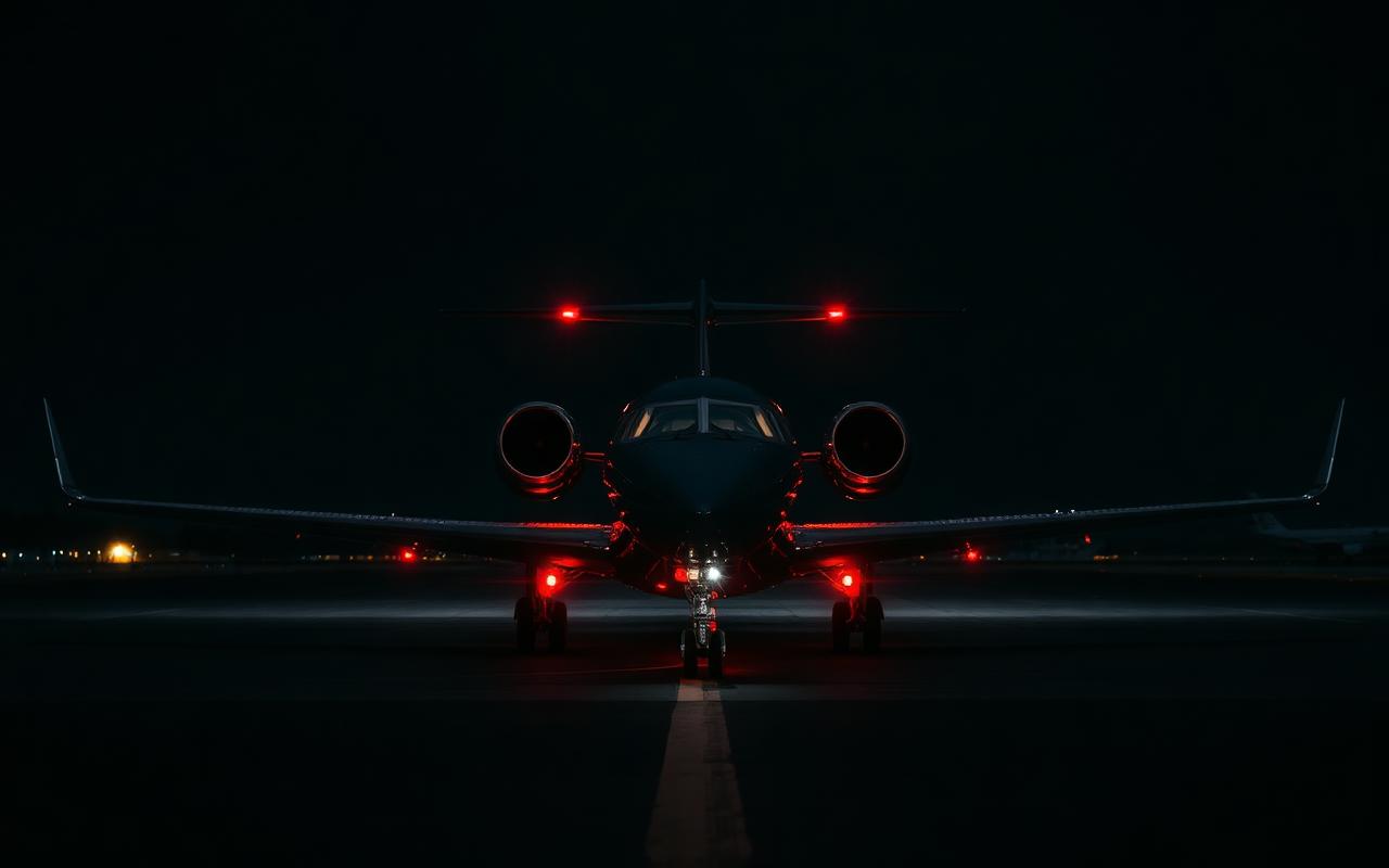 Private jet on a runway at night lit by red navigation lights