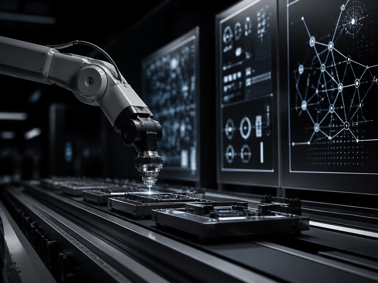 Robotic arm on an automated production line beside connected system panels