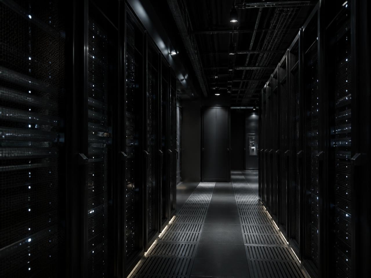 Dark secure data centre corridor lined with server racks