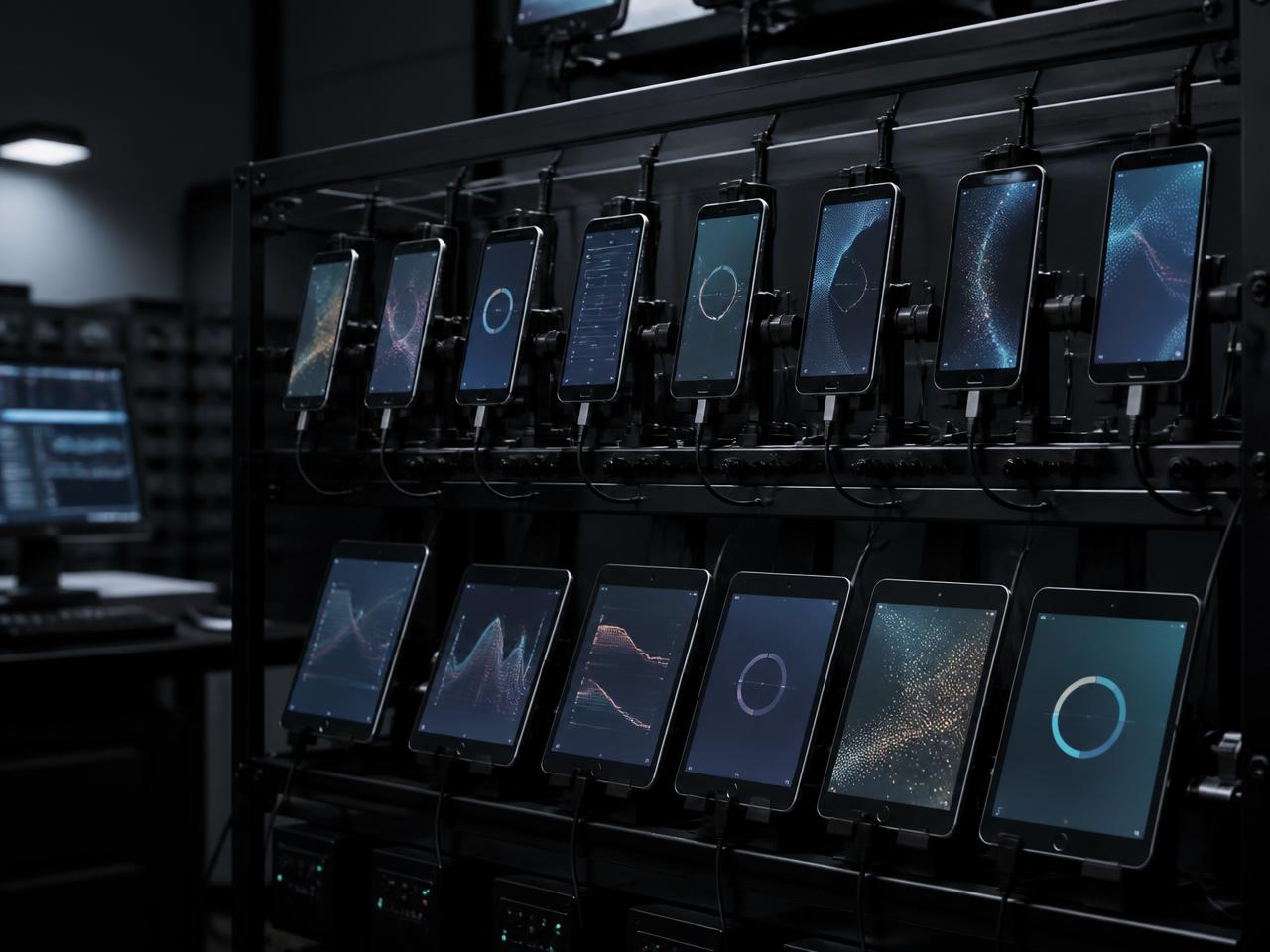 Rack of mobile devices mounted in an automated application testing rig