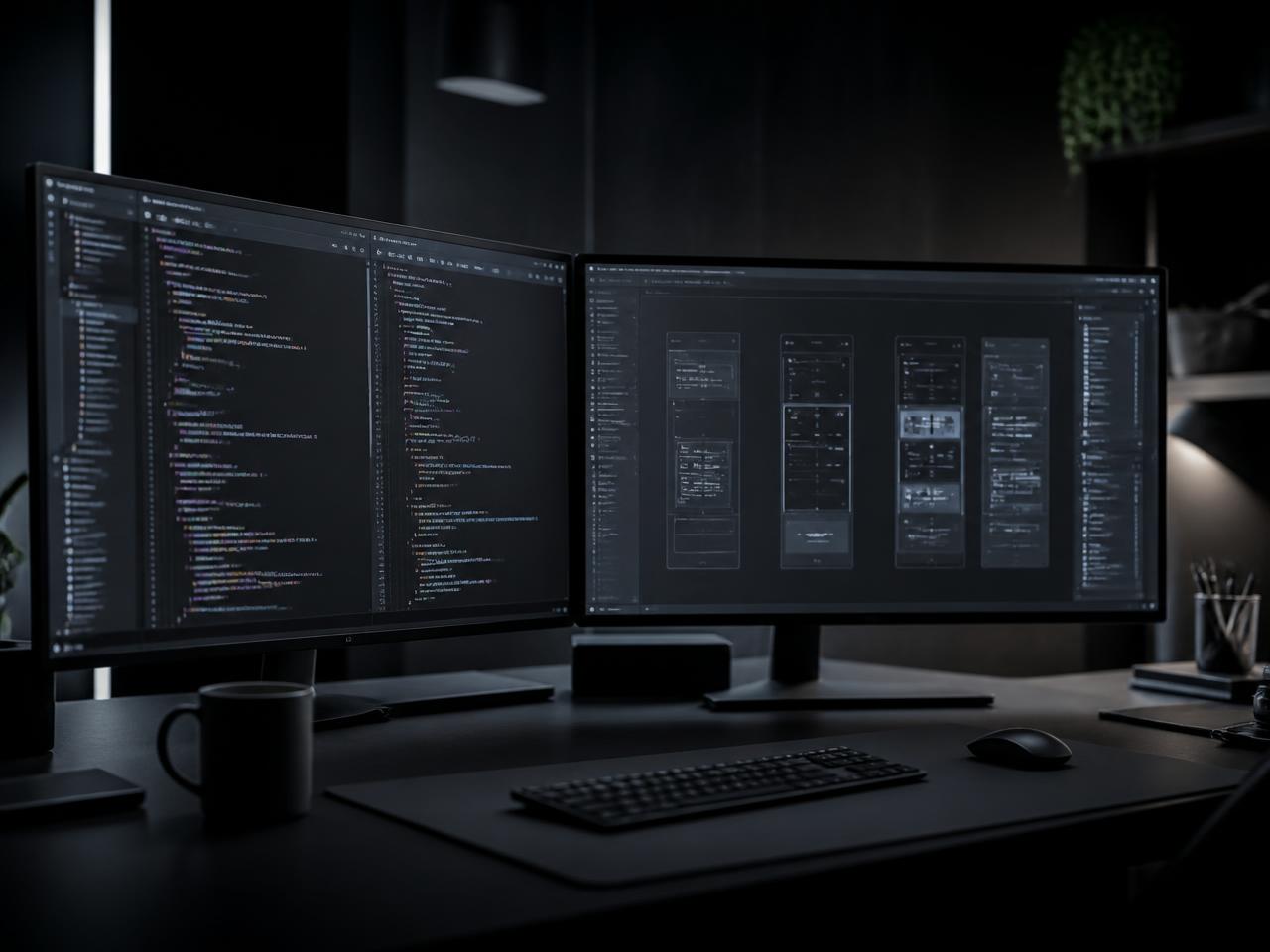 Dark developer workstation with code and interface design on two monitors